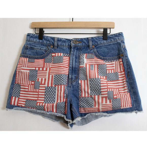 Forever 21 Med Blue Denim Cut Off Shorts with American Flag Fabric Patches, 30 - Picture 1 of 10